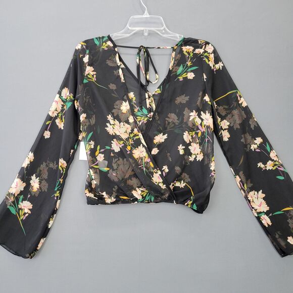 Charlotte Russe Black Floral Shirt NEW Long Sleeves Sheer Crop Blouse Women's S - Picture 3 of 9